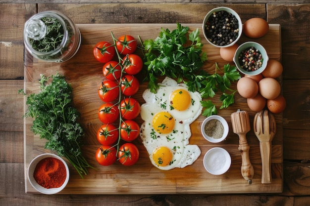 flat lay of breakfast with boiled eggs fried eggs tomatoes herbs and spices