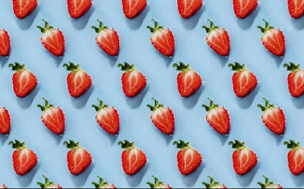 Photo flat lay of a bright pattern of strawberry halves pastel blue background minimalist food concept