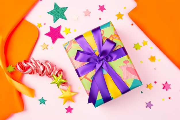 A Flat Lay celebration gift Box with party poppers on plain pink background string nd stars