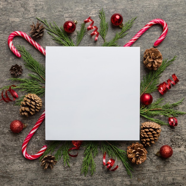 Foto piazza di composizione natalizia piatta carta vuota rami di pino decorazioni natalizie su sfondo colorato vista dall'alto spazio per la copia del testo