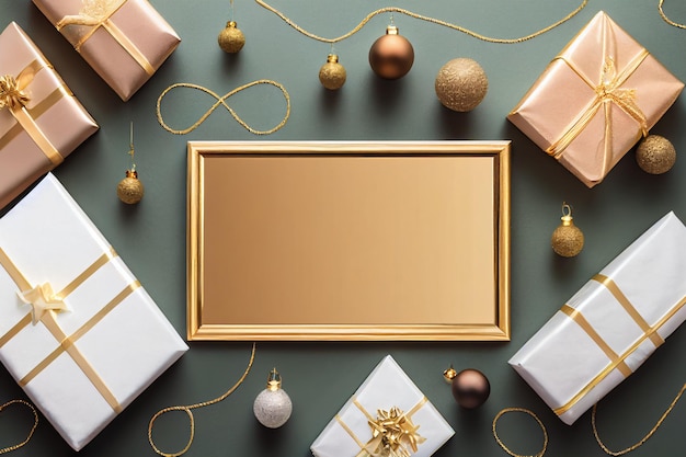 Flat lay christmas and new year golden stylish mockup