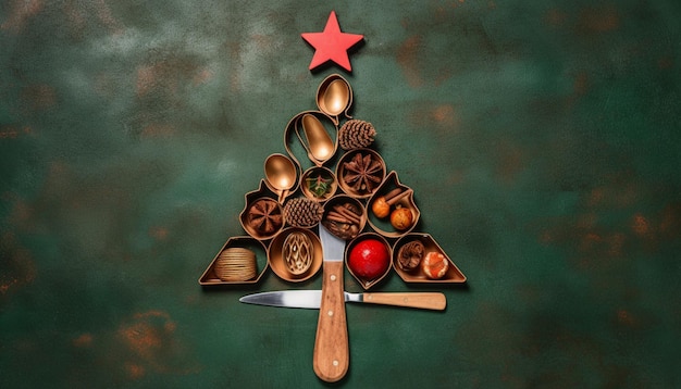 Photo flat lay of christmas tree shape make of kitchen utensils