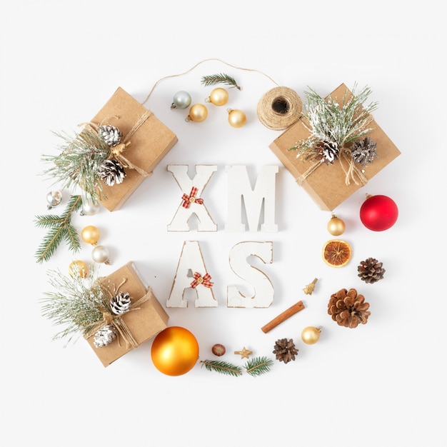 Flat lay Christmas  Word Xmas wreath Christmas decoration top view