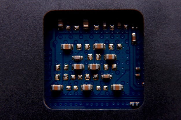 Photo flat lay circuit board close-up