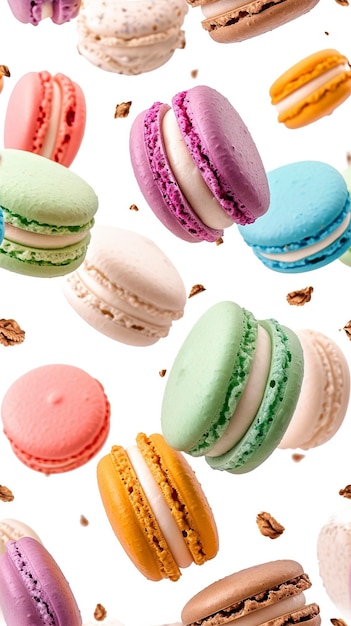 Flat lay Close up Sweet french macarons isolated on white background Colorful macaroons flying or falling in motion ar 916 tile v 6 Job ID 5a5a92f313834ba0b82a48209a5907c9