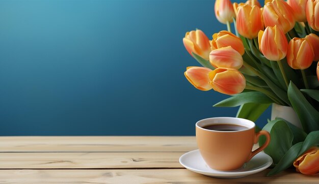 Flat lay coffee cup with tulip flower background