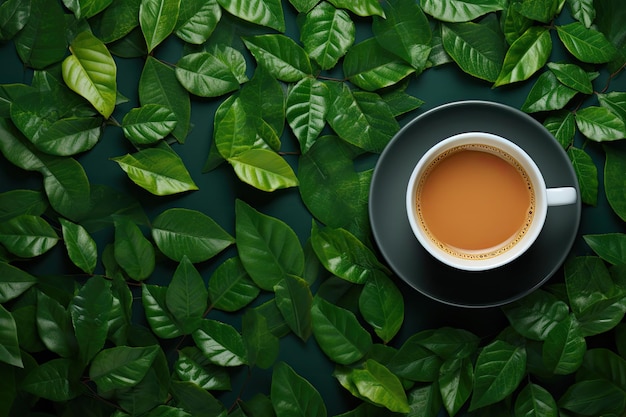 緑の葉の背景にコーヒーやお茶のカップを平らに置く