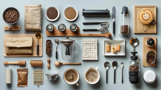 Photo a flat lay of coffeemaking ingredients from fresh beans to grinder and filter arranged with care on a surface inviting viewers into the ritual of crafting the perfect cup ai generative