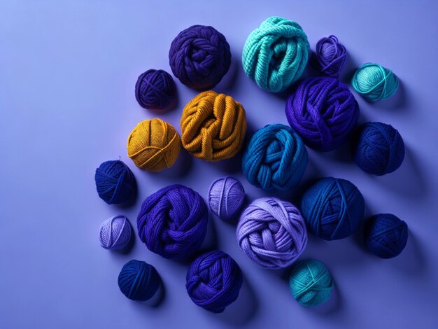 Flat lay of colored yarn balls