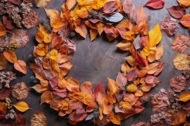 Flat lay of colorful autumn leaves and wreath base