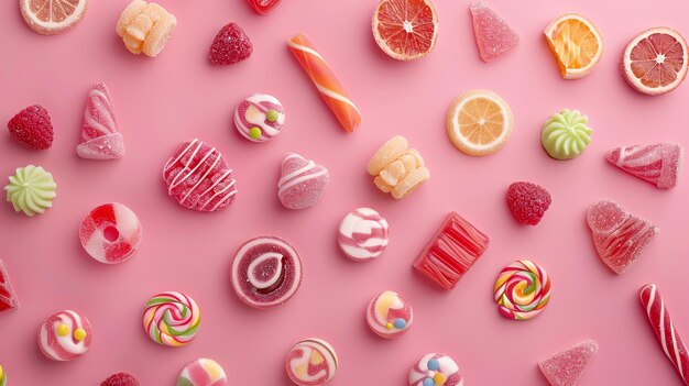Photo flat lay of colorful candies and dried fruit on a pink background