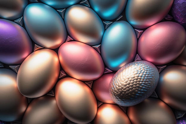 Flat lay of colorful chicken eggs texture background easter concept Neural network AI generated art