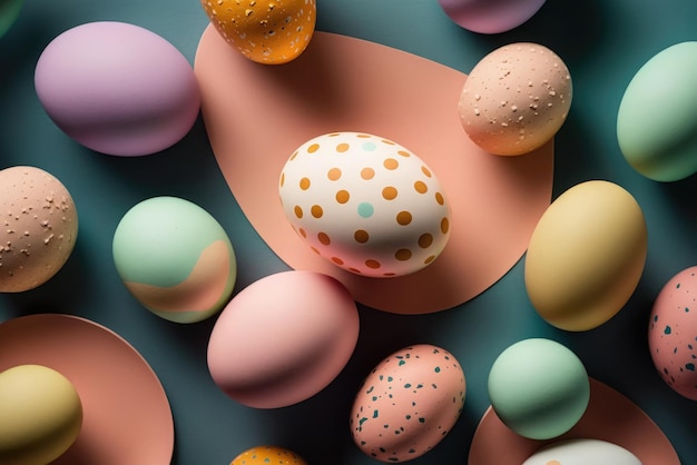 Flat lay of colorful chicken eggs texture background easter concept Neural network AI generated art