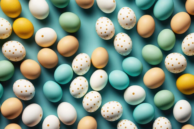 Flat lay of colorful chicken eggs texture background easter concept Neural network AI generated art