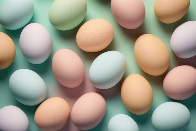 Flat lay of colorful chicken eggs texture background easter concept Neural network AI generated art