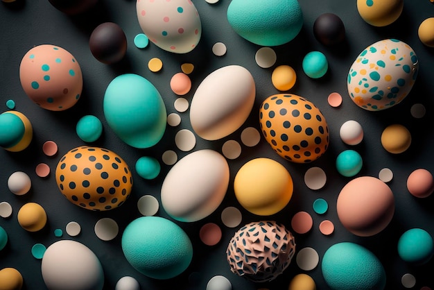 Flat lay of colorful chicken eggs texture background easter concept Neural network AI generated art