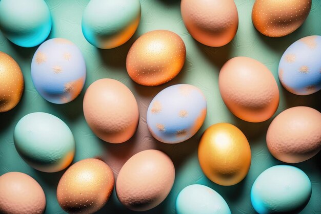 Flat lay of colorful chicken eggs texture background easter concept Neural network AI generated art