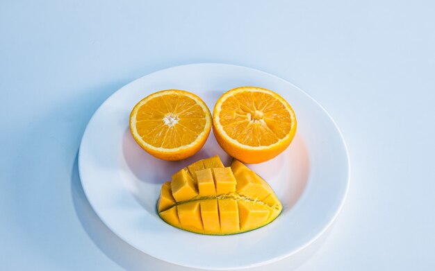 flat lay colorful fruit collection  slice orange mango and juice kathmandu nepal