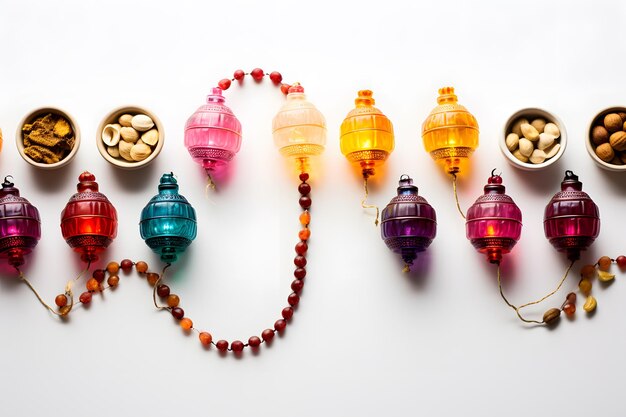 Photo a flat lay of colorful lanterns dates and prayer beads representing the diversity of cultures