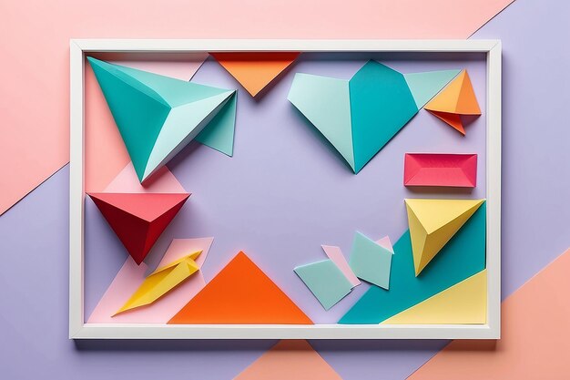 Flat lay of colorful paper shapes with frame and arrows