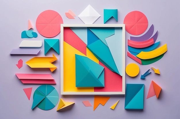 Flat lay of colorful paper shapes with frame and arrows