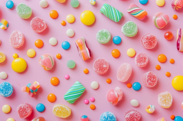 Flat lay of colourful mixed sweets of caramel candies with jelly and sprinkles on festive background