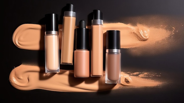 Flat lay compositie met natuurlijke biologische cosmetische producten op huidskleuren achtergrondMake-up concept