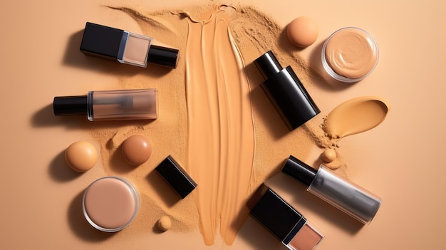 Flat lay compositie met natuurlijke biologische cosmetische producten op huidskleuren achtergrondMake-up concept