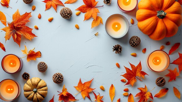 A flat lay composition of autumnthemed decor including pumpkins candles and leaves creating a c