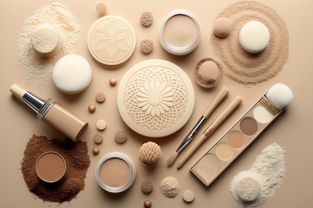 Flat lay composition of beauty cosmetic skincare products make up products on beige background Ai generated