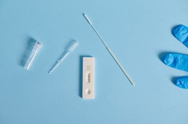 Photo flat lay composition of a covid-19 rapid antigen test