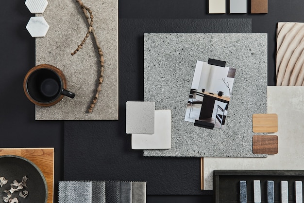 Flat lay composition of creative black architect moodboard with samples of building, textile and natural materials and personal accessories. Top view, black backgroung, template.