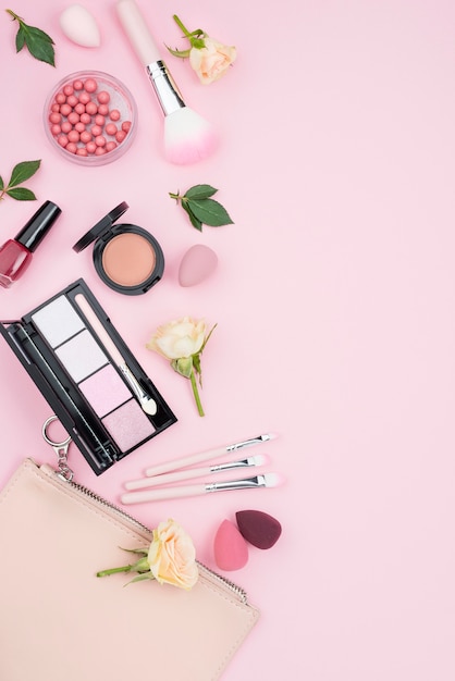 Photo flat lay composition of different cosmetics with copy space