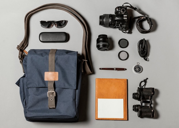 Photo flat lay composition of different traveling elements