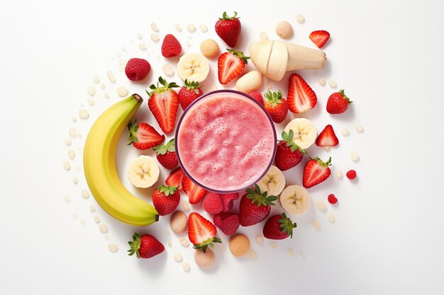 A flat lay composition featuring smoothie ingredients arranged in a sunburst pattern