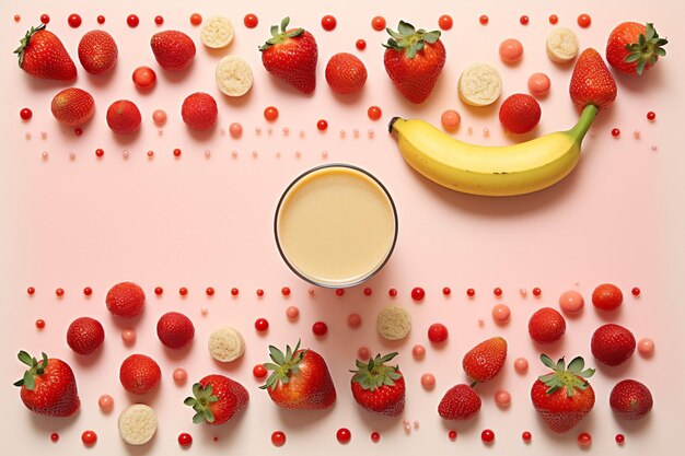 A flat lay composition featuring smoothie ingredients arranged in a sunburst pattern