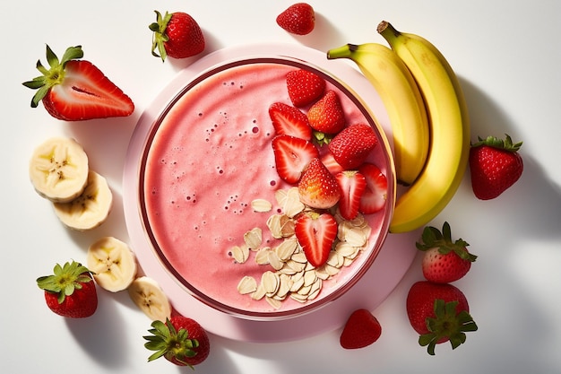 A flat lay composition featuring smoothie ingredients arranged in a sunburst pattern