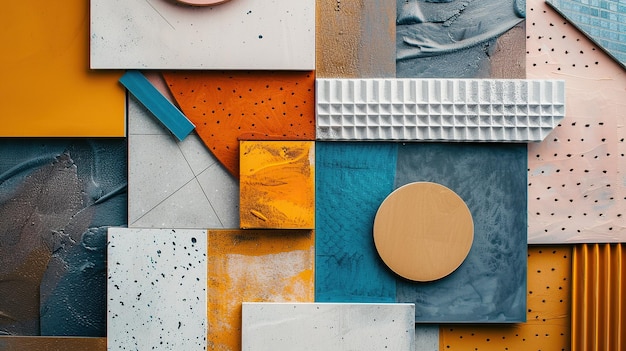 Flat lay composition of geometrical peace of different texture pattern or kind material and colors