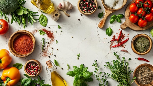 Photo a flat lay composition of kitchen ingredients including herbs spices and fresh produce inspiring