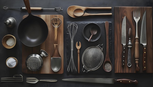 Flat lay composition of Kitchen utensils