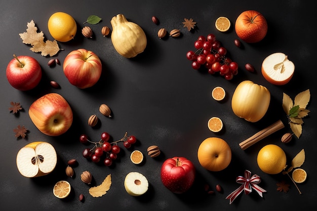 Flat Lay Composition met symbolen Rosh Hashanah Holiday Attributen op zwarte achtergrond