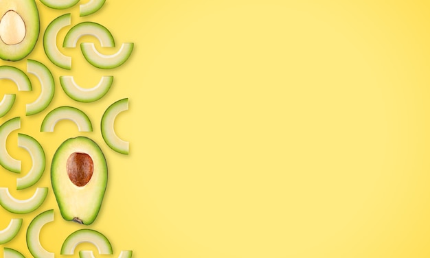 Фото Плоская композиция из ломтиков авокадо на желтом фоне с копией пространства