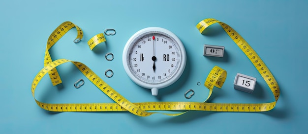 flat lay composition of scales and a measuring tape on a light blue background It provides space