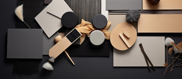 Photo flat lay composition in shades of grey and black with various textile and paint samples lamella