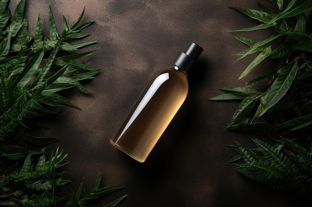 A flat lay composition showcasing a bottle mockup placed amidst greenery on a brown background crea