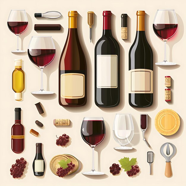 Photo a flat lay composition of wine bottles glasses grapes and wine accessories