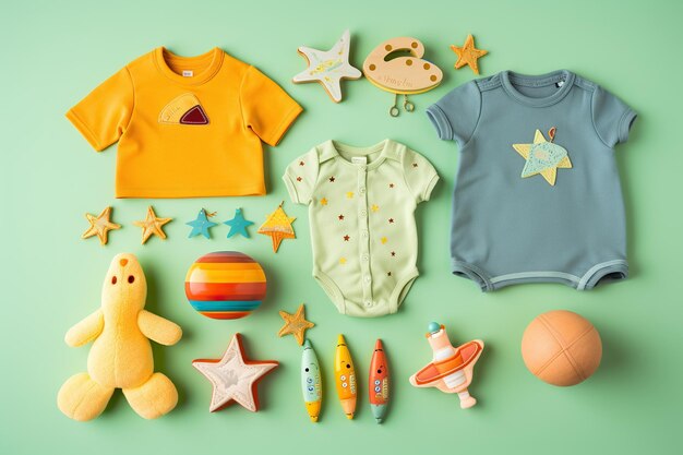 Flat lay composition with baby accessories and toys on color wooden background space for text