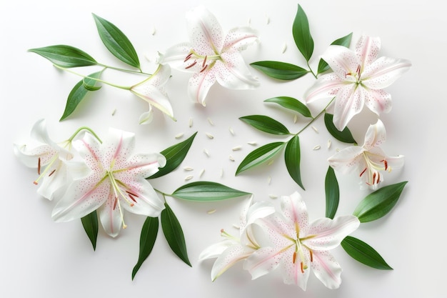 Photo flat lay composition with beautiful blooming lily flowers on white background flowers