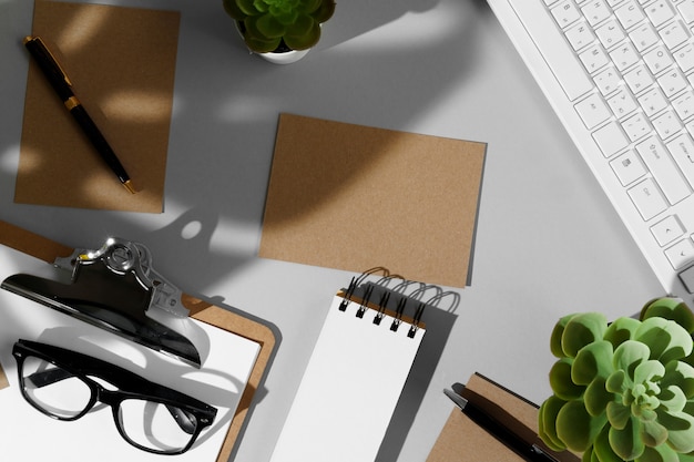 Flat lay composition with blank stationery mock-up