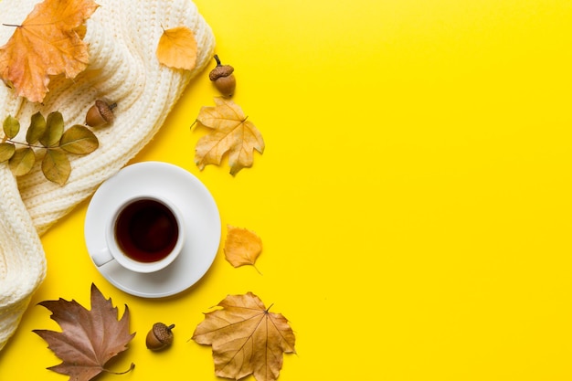 Flat lay composition with colorful Autumn cup of coffee and leaves on a color background top view